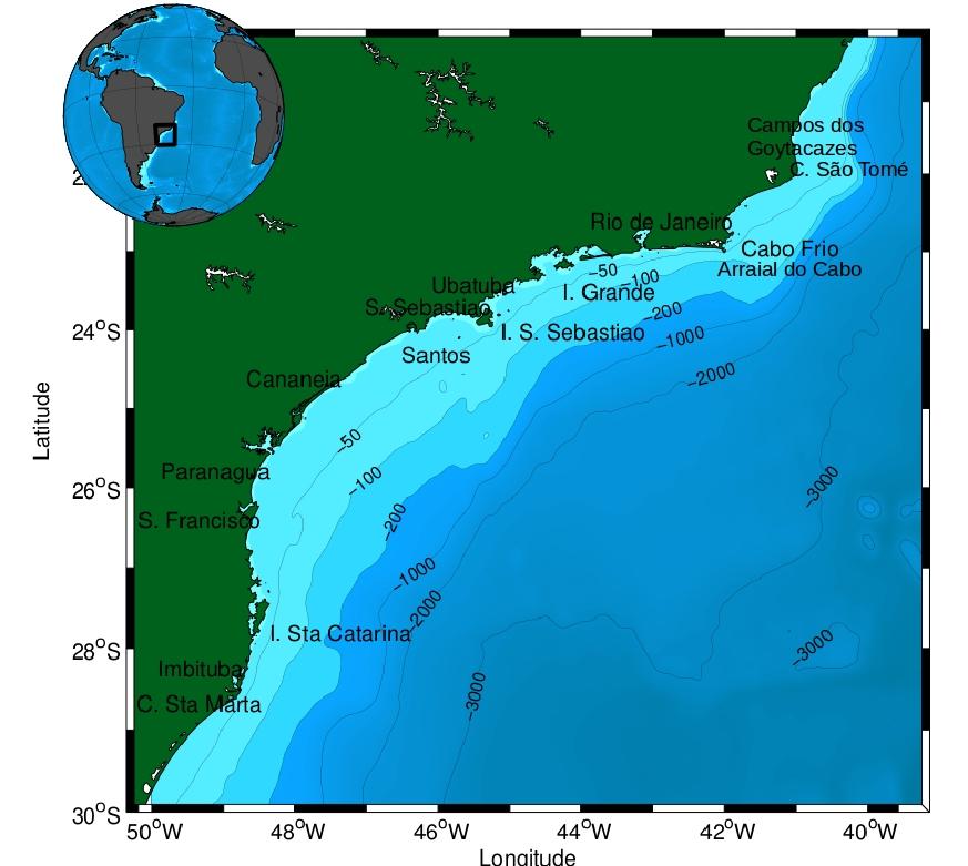 4 Figura 2.1: Plataforma Continental Sudeste Brasileira (PCSE) e área oceânica adjacente. Batimetria extraída do conjunto de dados ETOPO 1 (Amante & Eakins, 2008).