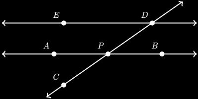 Retas paralelas cortadas por uma transversal Com um transferidor, vamos medir os ângulos ED P e AP C. Podemos concluir que ED P = AP C. Este experimento comprova o seguinte enunciado.
