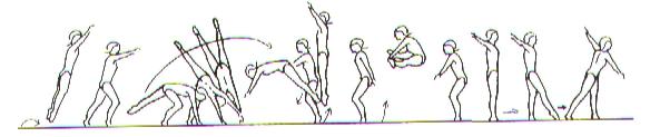 Alguns passos, roda com ¼ de volta na direção do movimento Balançar diretamente para apoio invertido com as pernas em afastamento Antero posterior, cair