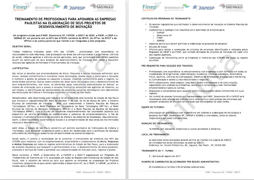 Programa de Treinamento para membros de NITs das ICTESPs para