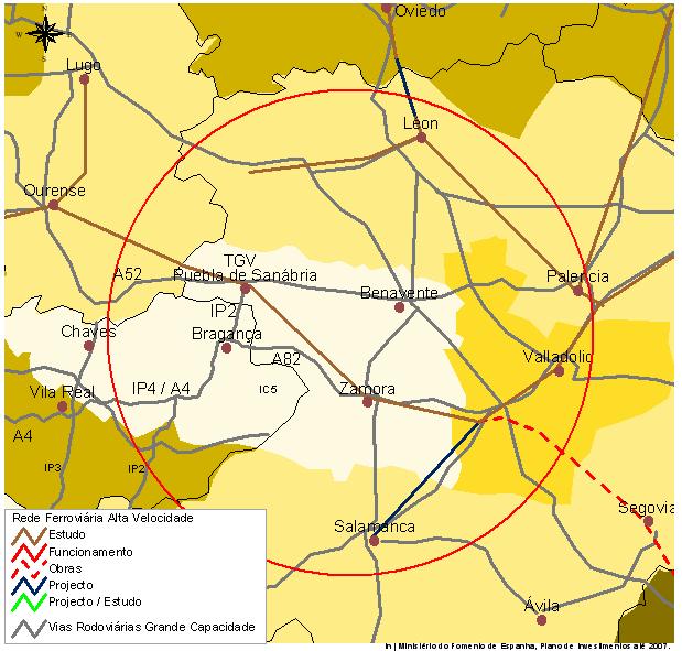 Bragança, a partir de 2007 estará integrada: no 1º núcleo da área de influência da futura estação de comboio de alta velocidade (AV) da Puebla de Sanábria, na área de influência da CTM (Centro de