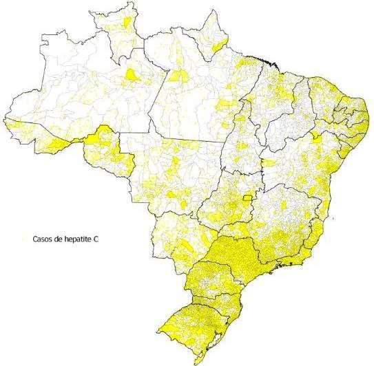 Distribuição dos casos de hepatite C segundo município de residência. Brasil, 2005-2015.