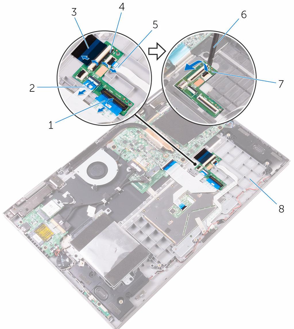 2 Utilizando um instrumento de plástico pontiagudo, retire com cuidado a placa secundária do teclado do conjunto do teclado e apoio para as mãos.