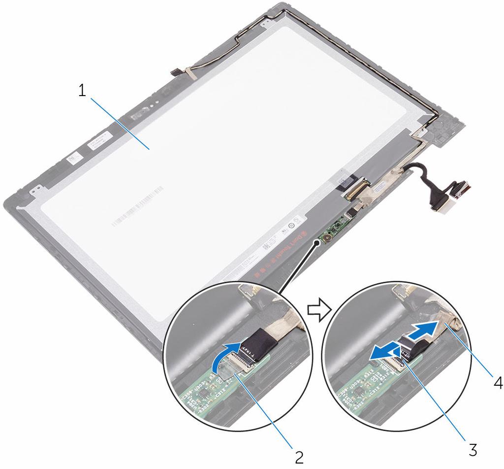 2 Abra o fecho e desligue o cabo da placa de sensores da placa de sensores. 1 painel do ecrã 2 fita 3 trinco 4 cabo da placa de sensores 3 Descole a fita do conector do cabo do ecrã.