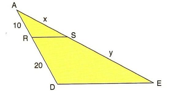 15. Na figura abaixo, sabe-se que RS // DE e que AE = 42 cm. Nessas condições, o valor de y é: a) 14 cm b) 18 cm c) 28 cm d) 24 cm e) 30 cm (Gabarito: C) 16.