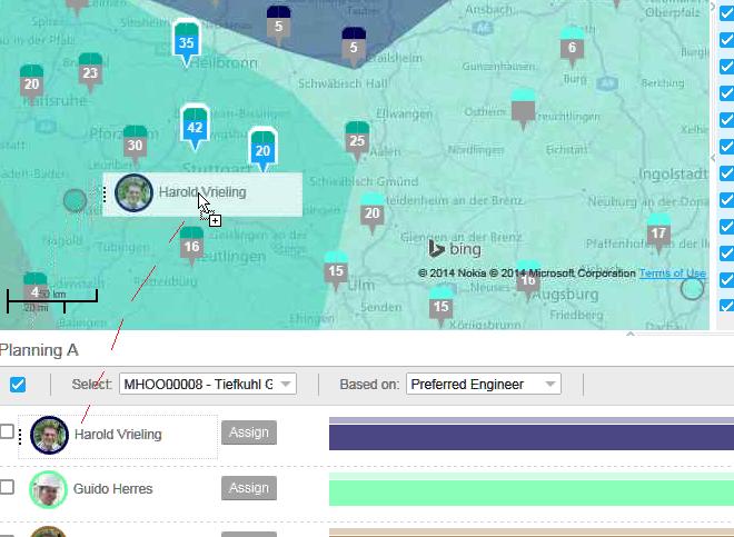 Planejamento de recursos e análise de impacto Arrastar e soltar - o usuário pode arrastar e soltar o funcionário a partir do gráfico de recursos no mapa.