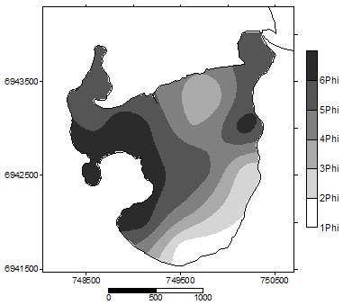 Na área de entorno do Morro do Badejo, a oeste, predomina a classe silte médio. A distribuição do grau de seleção pode ser observada na Figura 5.