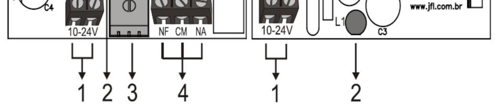 24Vac (não tem polaridade). 2 - ALINHA: LED vermelho que indica nível do alinhamento. 3 - Trimpot para ajuste de sensibilidade.