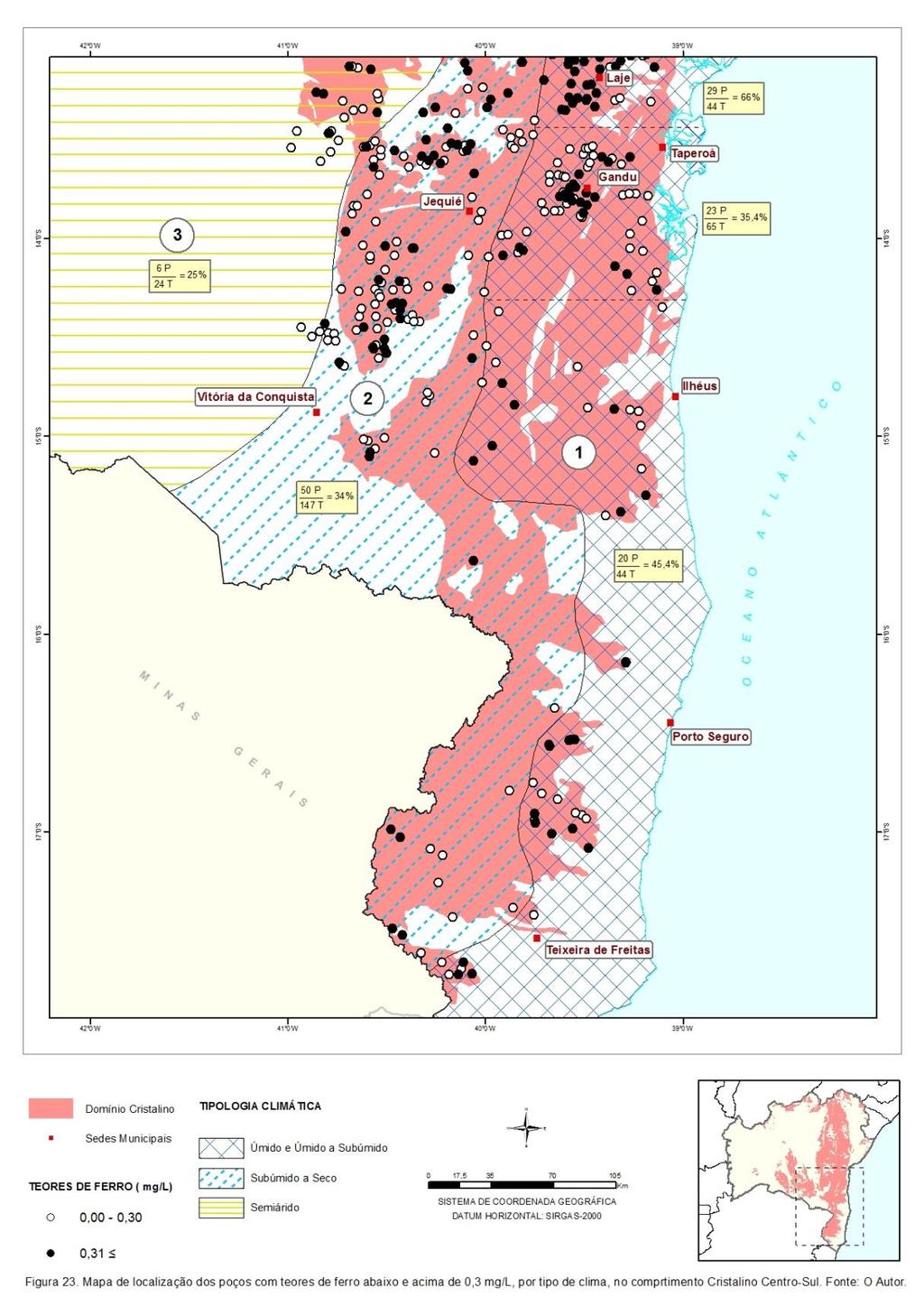 O mapa da Figura 3 exibe a localização dos poços com teores de ferro abaixo e acima de 0,3 mg/l e vazão 1m³/h, distribuídos por tipo de clima, no compartimento Cristalino Centro-Sul.