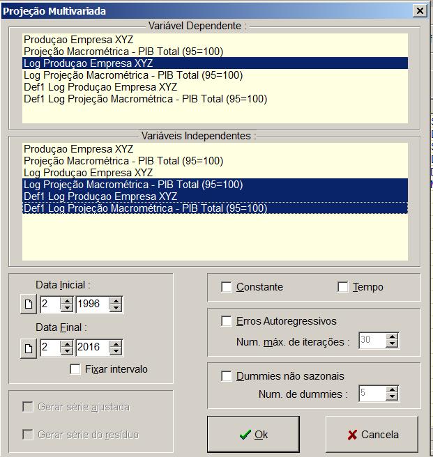 Tela de entrada para projeção multivariada.