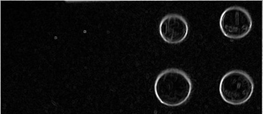 51 Figura 3.5 Imagem das moedas com os candidatos a pontos de borda detectados utilizando o operador de Prewitt. 3.4 Separação dos pontos verdadeiros de borda Após a segmentação uma imagem passa a conter pontos de borda, tanto verdadeiros como falsos.