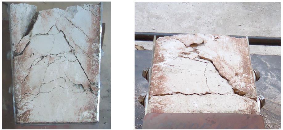 Resultados Experimentais Corte retangular nos perfis dos modelos B8-1 e B8-2: Linha de fissuração no primeiro nível de conectores.