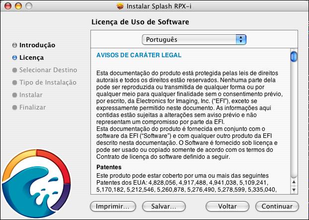 INSTALAÇÃO DO SOFTWARE DO SERVIDOR SPLASH RPX-I 19 5 Clique em Continuar. A tela da Licença de Uso de Software é exibida.