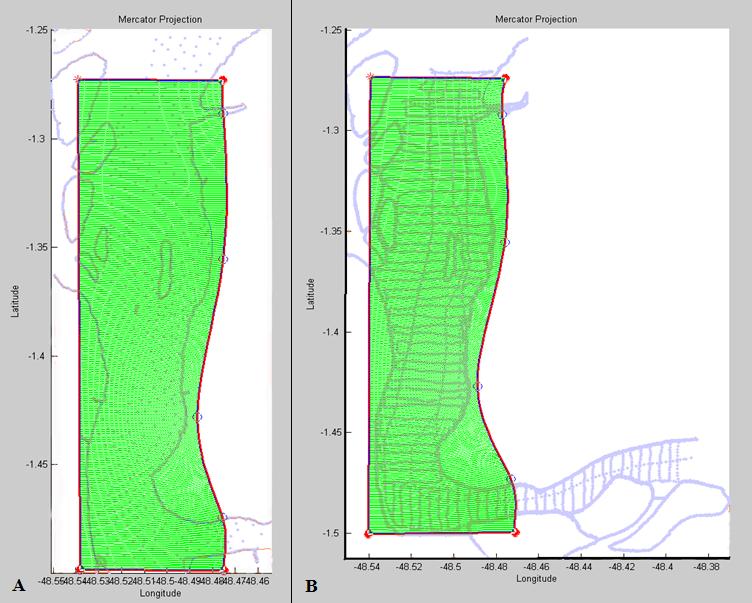 Após a interpolação dos dados de batimetria à grade construída, foram gerados arquivos com matrizes referentes às características da grade (espaçamento entre os pontos no eixo das abscissas;