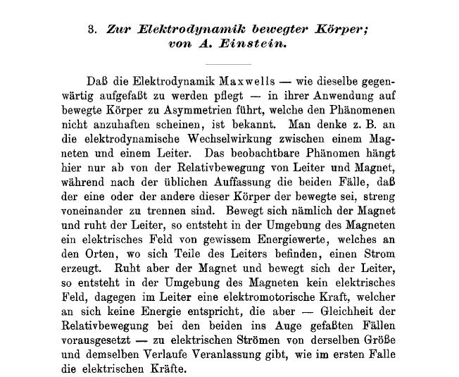 Teoria Especial da Relatividade Publicada em junho 1905 em Annalen der Physics: Sobre eletrodinâmica dos corpos em movimento Novo conceito de espaço e de tempo 1.