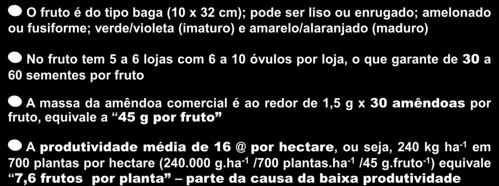 6 a 10 óvulos por loja, o que garante de 30 a 60 sementes por fruto A massa da amêndoa