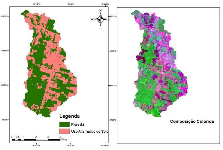 94 Análise temporal da Microbacia Mariana no município de Alta Floresta, Mato Grosso. A composição de bandas coloridas (R, G, B) para o Sensor TM/Landsat 5 foram as Bandas 3, 4, 1.
