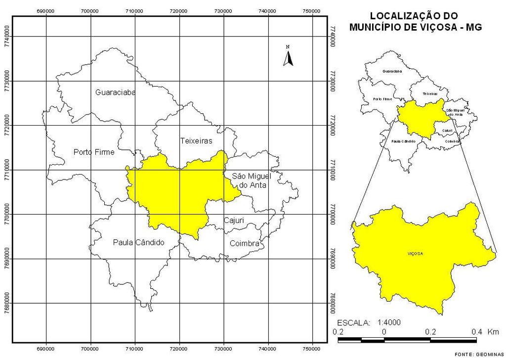 Figura 1: Localização do município de Viçosa-MG. METODOLOGIA A pesquisa que está sendo realizada tem uma abordagem empírico-analítica.