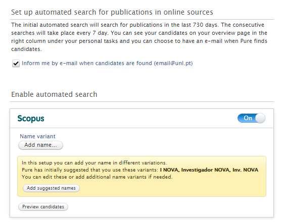 Active as opções Inform me by e-mail when candidates are found e coloque a busca automática na Scopus em modo On 4.