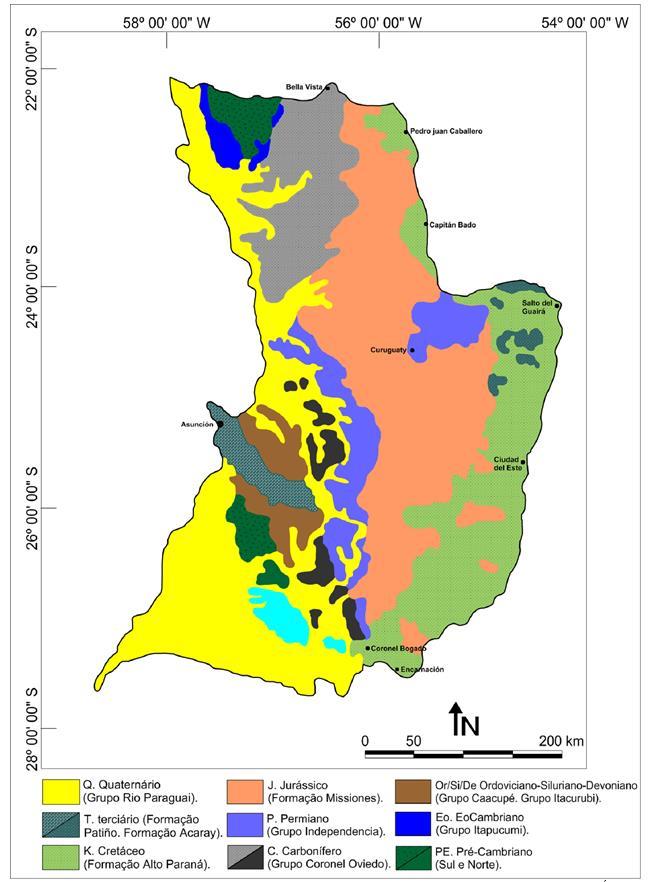 Figura 02. Mapa geológico esquemático do Paraguai Oriental. Fonte: Adaptado de ORUÉ (1996). Organização e Confecção: BADE (2014).