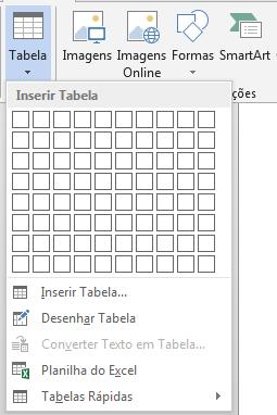 Opção Tabela Ao clicar na opção Tabela é aberto o menu Dropdown ilustrado a seguir, no qual pode-se observar a opção Planilha que permite inserir uma planilha no documento, mas cuidado a estrutura de