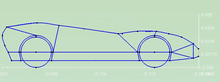 27), toda a lateral do carro é uma geometria plana, compostas por linhas retas ou splines (Exemplos de splines: linhas em vermelho). Figura 4.25. Perfil sobre o eixo z, parte plana do carro.