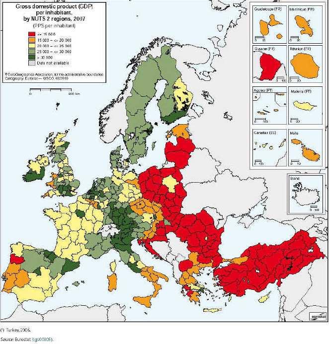 As regiões com os maiores PIB per capita situam-se no sul da Alemanha e do Reino Unido, no Norte da Itália e na Bélgica, Luxemburgo, Holanda, Irlanda, Áustria e Escandinávia.