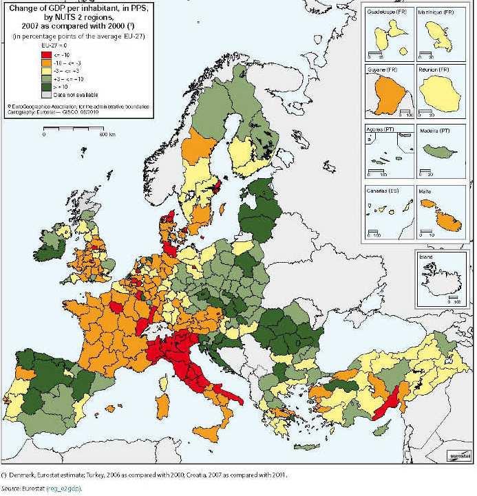 Dinamismo económico acima da média no oeste, leste e nas zonas periféricas do norte, não só nos países da UE-15, mas também nos novos EM, Croácia e nalgumas regiões da Turquia.