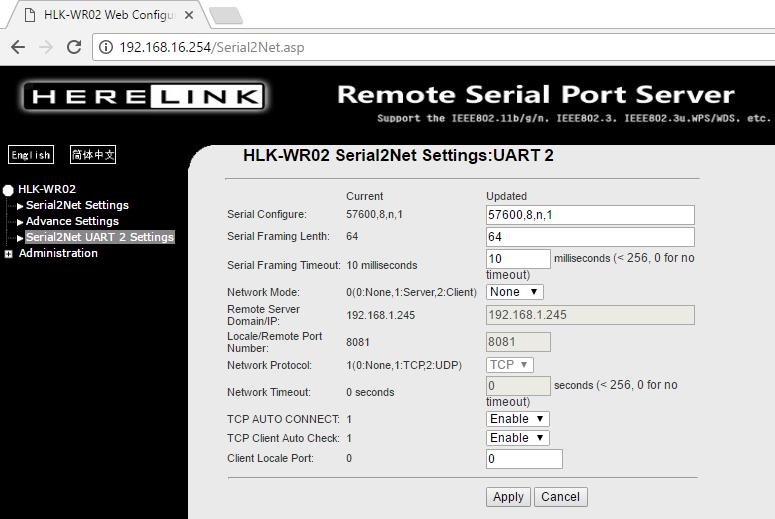 HLK-WR02 Serial2Net Settings:UART 2 Observa-se que esta