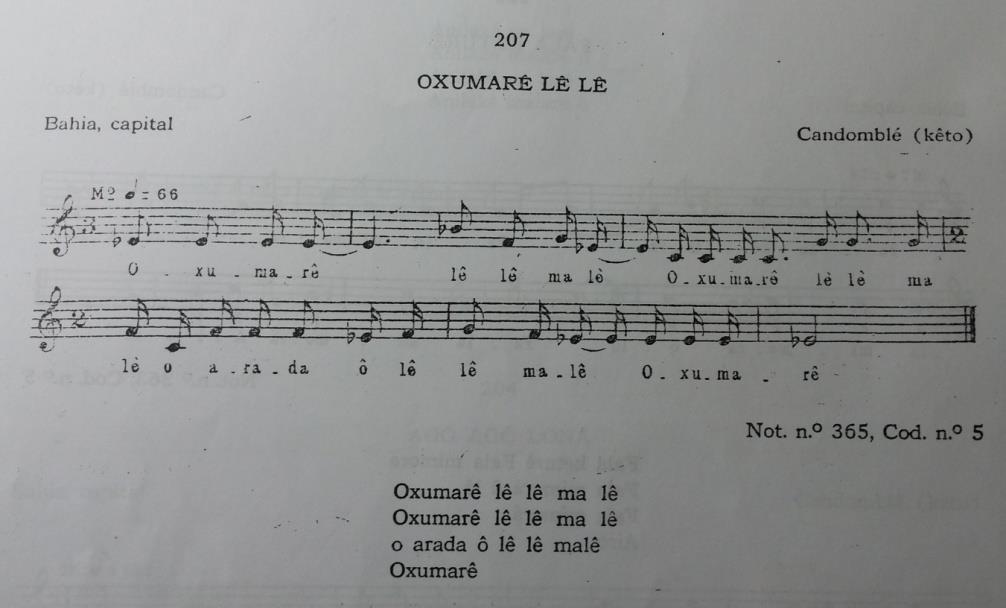 119 Figura 4.2.8.a - Melodia nº 207 Oxumarê Lê Lê. Fonte: (ALVARENGA, 1946, p. 184). Segundo Fonseca (2006, p.