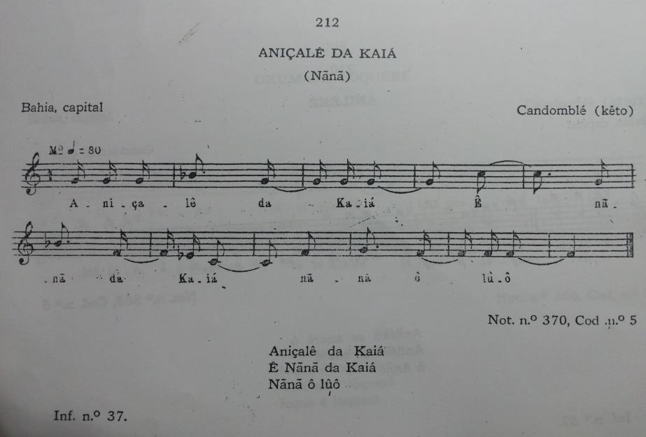 133 Figura 4.2.12.a - Melodia nº 212 Aniçalê da Kaiá (Nãnã). Fonte: (ALVARENGA, 1946, p. 186).