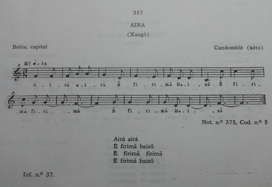 147 seja, o processo de reconstrução toma como referência o contexto musical do candomblé ketu, utiliza a notação de Kubik para identificar as linhas-guias, servindo de ponte para a notação