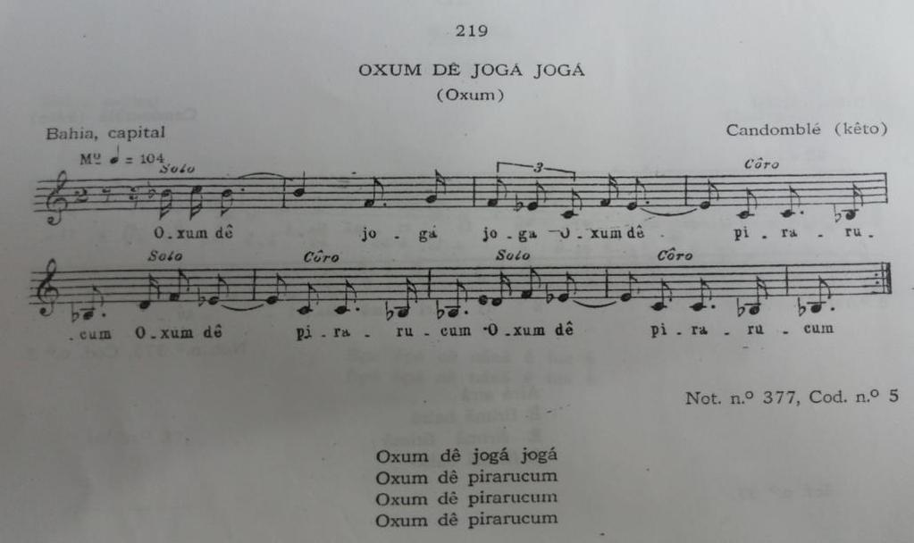 158 4.2.19 Oxum Dê Jogá Jogá Conforme consta no título, subtítulo e na letra, a melodia nº 219 Oxum Dê Jogá Jogá é uma cantiga para Oxum, um orixá de caráter feminino.