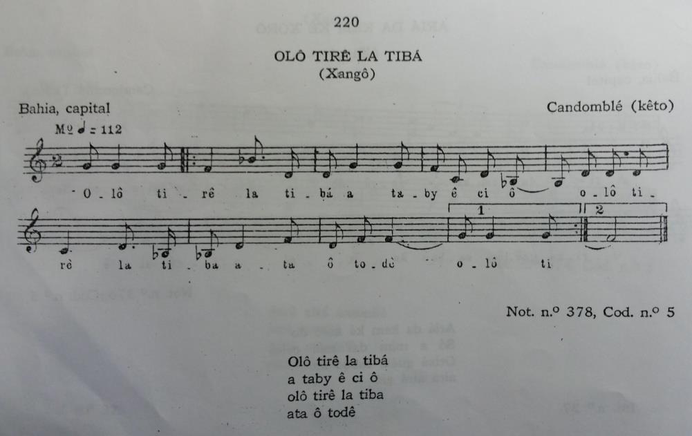 162 Figura 4.2.20.a - Melodia nº 220 Olô Tirê La Tibá (Xangô). Fonte: (ALVARENGA, 1946, p. 190).
