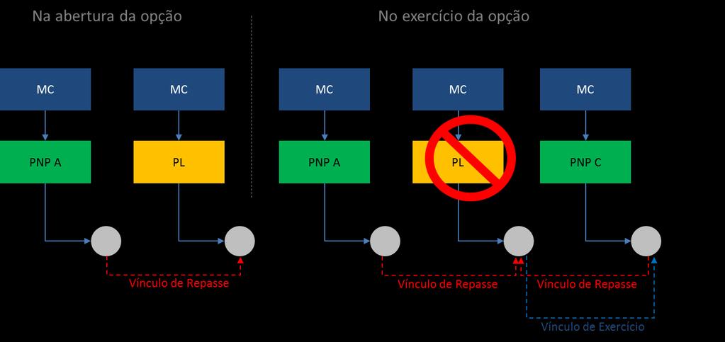 Terceiro caso A posição de opção é aberta num PNP (PNP A) que a repassa a um PL.