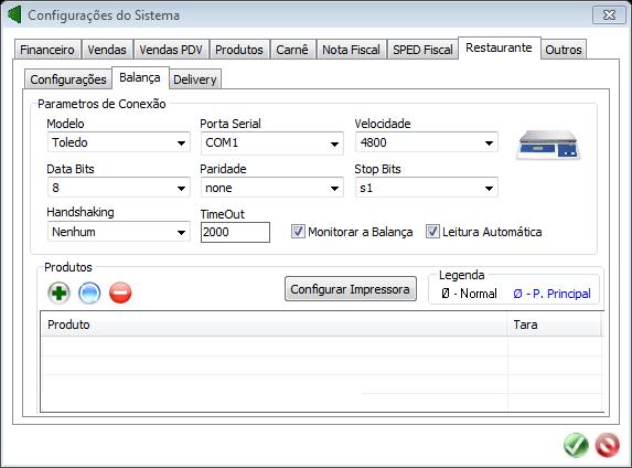 Aba Balança - Restaurante: Na tela configurações do sistema, na aba balança é o lugar onde se parametriza todas as funcionalidades específicas para monitoramento com balança, de tal modo, a oferecer