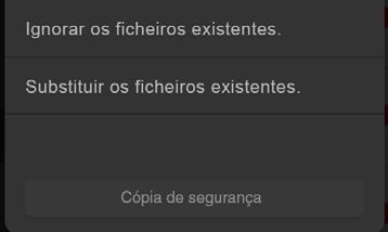 Toque em Substituir ficheiros existentes para efetuar a gravação substituindo fotos e vídeos que guardou previamente no dispositivo LINK e, em seguida, toque em Iniciar cópia de