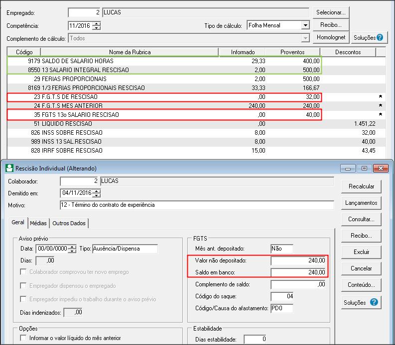 Guia GRFC CAMPOS: 25- Mês anterior a rescisão, demonstra os valores no cálculo da folha da competência