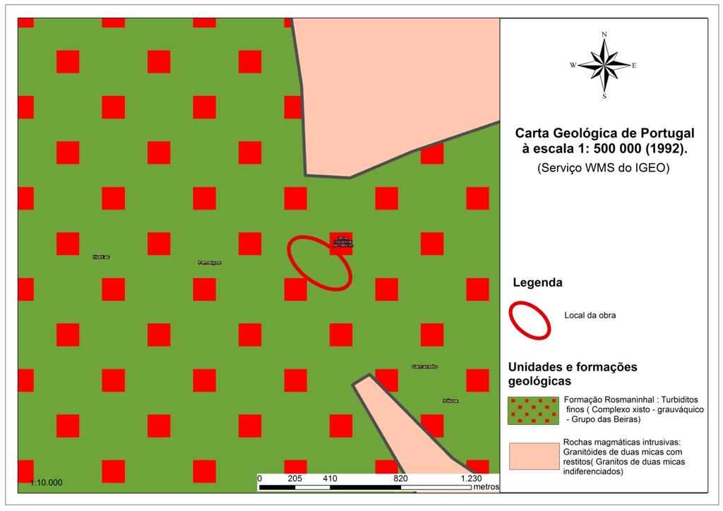 Figura 3 Enquadramento do local da obra (elipse a vermelho). Carta Geológica de Portugal à escala 1:500 000 (1992) (Fonte: Web Map Service; Instituto Geográfico Português).