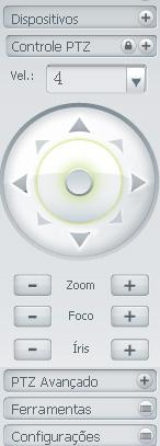 Controle PTZ Antes da operação do dispositivo PTZ, configure suas propriedades e protocolo. O menu será apresentado conforme figura a seguir: PTZ Na opção Vel. selecione o nível de velocidade.
