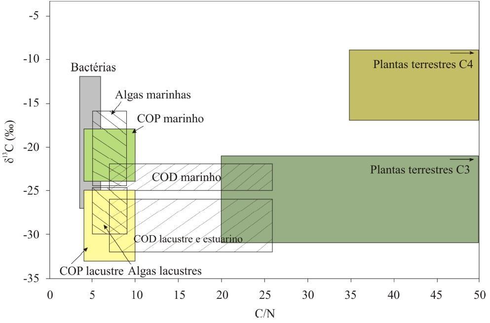 14 1994). Além disso, esses dados também podem ser comparados com os dados isotópicos de carbono (δ 13 C) para distinguir a origem do material sedimentar (Lamb et al. 2006; Meyers 2003, Wilson et al.