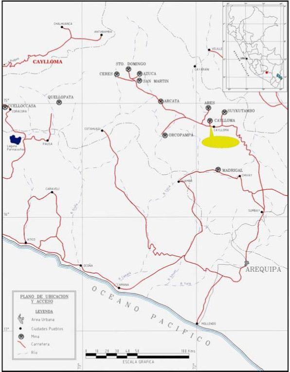 25 2. LOCALIZAÇÃO, FISIOGRAFIA E GEOLOGIA 2.1. Localização O depósito mineral Animas encontra-se na província de Cailloma, no estado de Arequipa, ao sul do Peru.