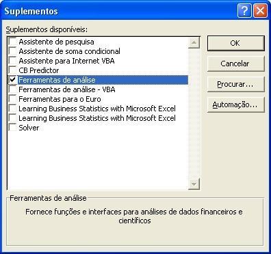 Figura 1 - Menu ferramentas do Microsoft Excel Fonte: Adaptada pelo autor a partir de Microsoft Para instalar o suplemento é necessário marcar a opção Ferramentas de Análise