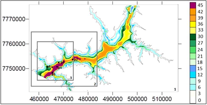 2 Domínio Computacional O domínio de cálculo do modelo SWAN foi discretizado através de três malhas retangulares, uma que cobre toda a região do lago da barragem de Ilha Solteira, Figura 8 e Tabela 1.