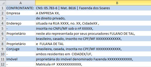 JURIDICA São gerados arquivos com informações de cada confronte e o imóvel do mesmo, sendo 12 linhas de cada confrontante.