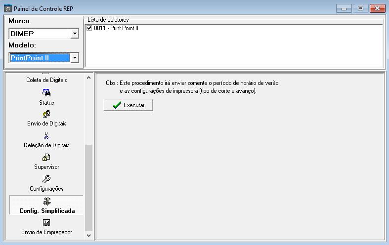 DIMEP (Pendrive). No Painel de Controle, selecione a marca DIMEP, o modelo correspondente e os equipamentos através da Lista de coletores, marque a opção Config.