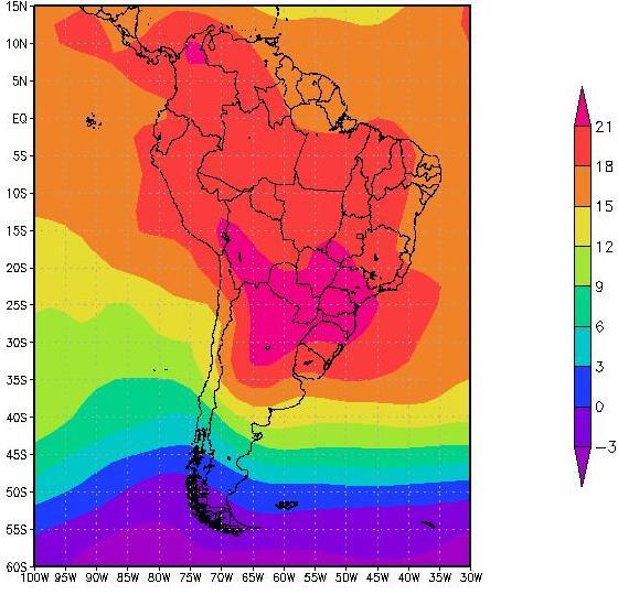 No campo de PNMM (Figura1 (a)) é possível observar uma região de baixa pressão sobre o Norte da Argentina (30S/60W) e um centro de Alta pressão sobre o Atlântico Sul posicionado em 25S/30W, o que
