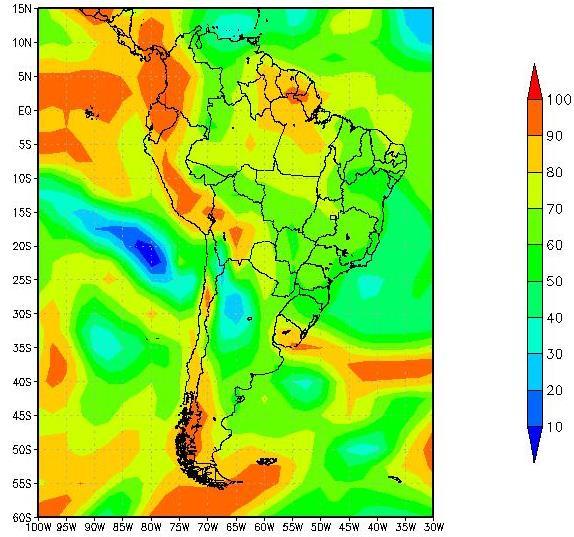 No o campo de vento (Figura (d)) é possível observar este escoamento de norte que tem o papel de transportar calor e vapor d água para região e assim, contribuiu para elevar as temperaturas com