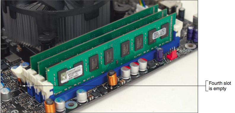 Três módulos (bancos) DDR3 instalados numa configuração triplo