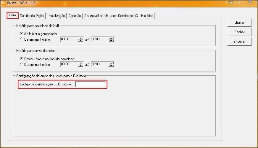 1.8 No quadro CONFIGURAÇÃO DE ENVIO DAS NOTAS PARA O ESCRITÓRIO no campo CÓDIGO DE IDENTIFICAÇÃO DO ESCRITÓRIO deverá ser informado o código gerado pelo Escritório.